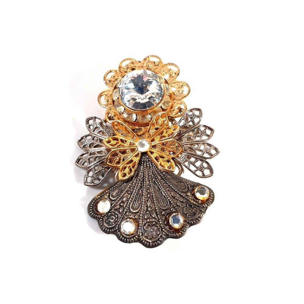 Guardian Angel Handmade Vintage Pin Brooch Rhinestone 2" Fashion Jewelry